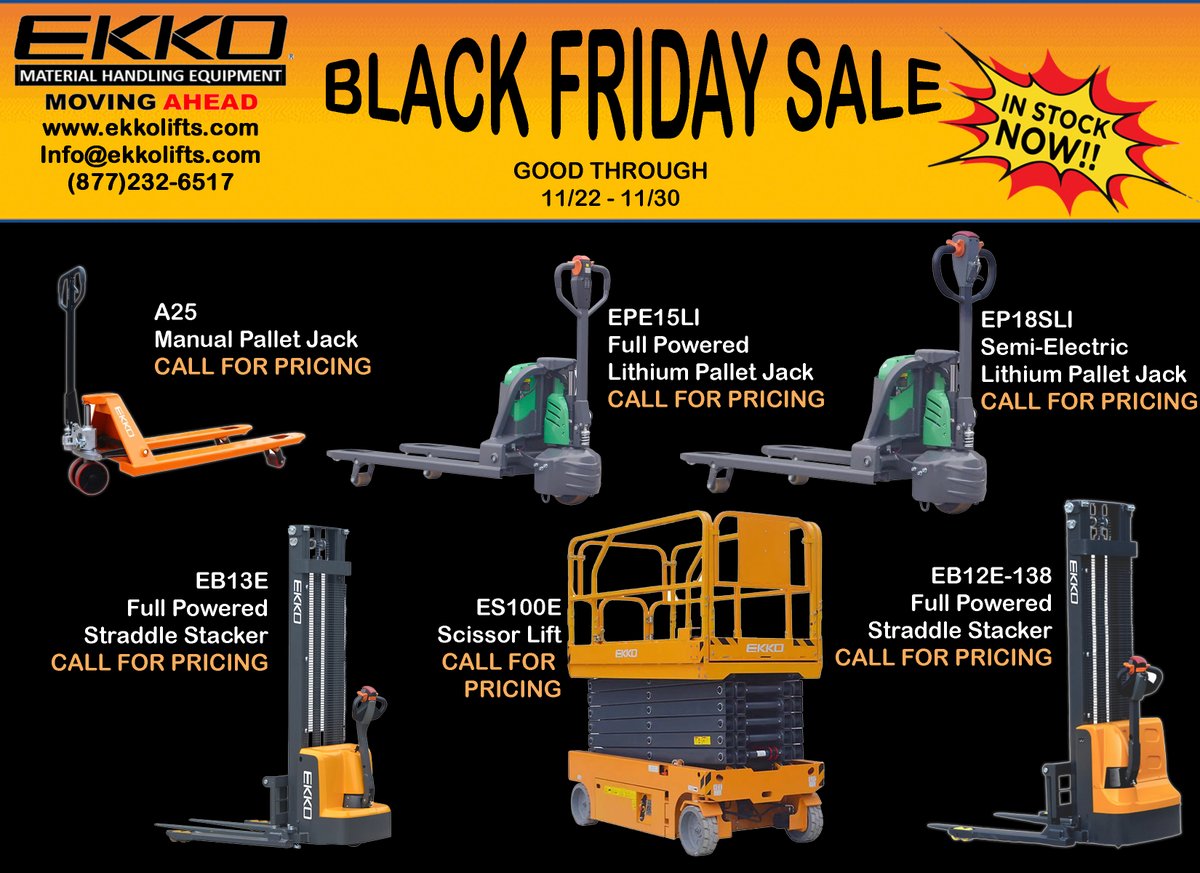 #BlackFriday2022 Last day for savings!  
Call us for more info!
ekkolifts.com
Info@ekkolifts.com
(877)232-6517
#blackfridaysales #liftequipment #stackers #palletjacks #scissorlifts #electricequipment #lithiumionbattery #LeadAcidBattery #warehouseequipment