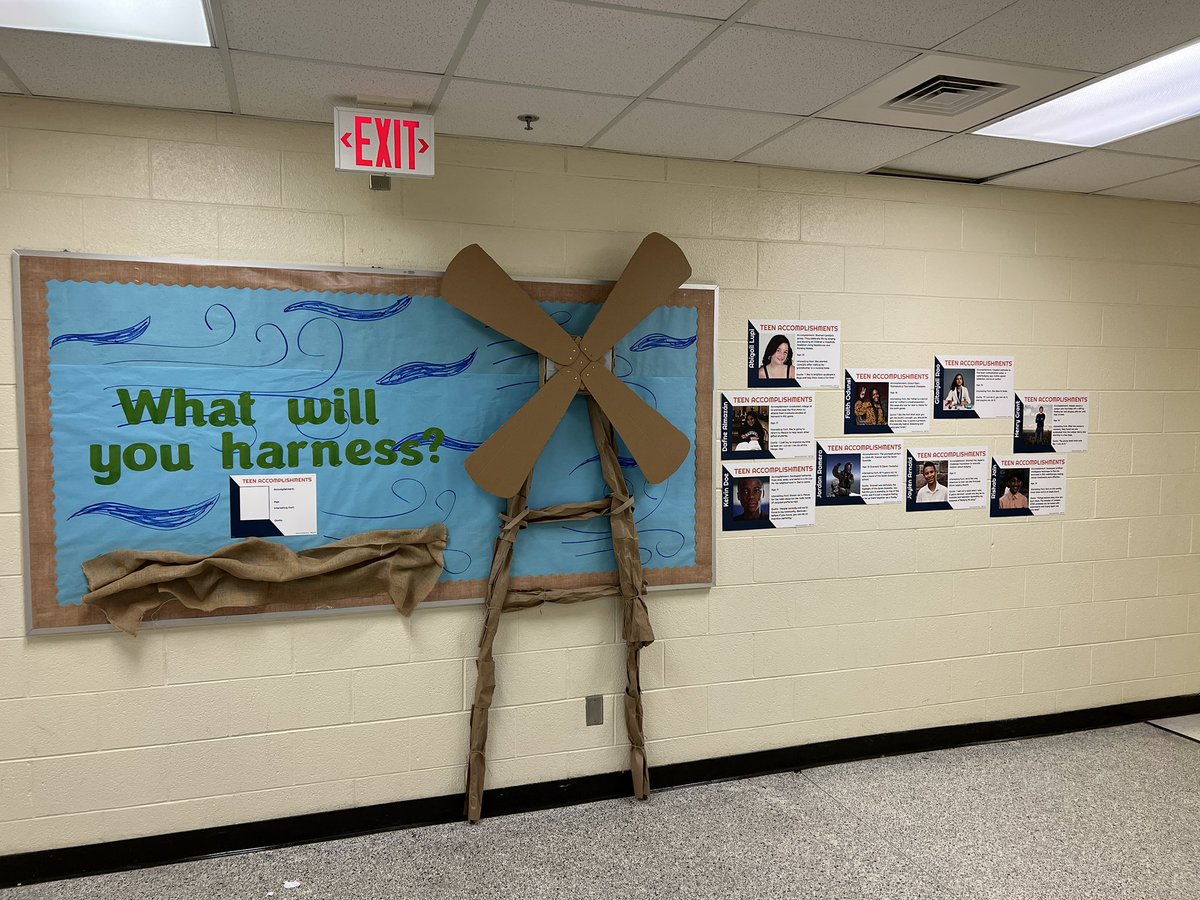 My latest bulletin board creation. Based on The Boy Who Harnessed The Wind and I added my Teen Accomplishment posters. #teenaccomplishments #bulletinboards
