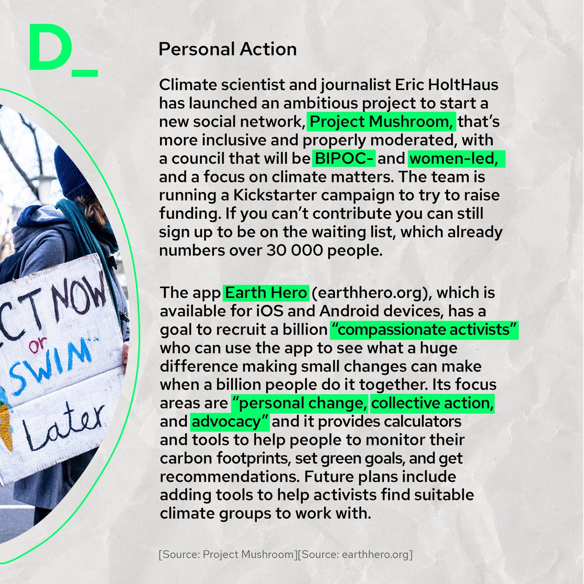 Climate-focussed tech on our radar: the Earth Hero app (earthhero.org), which is looking for 1 billion “compassionate activists”, and Project Mushroom (kickstarter.com/projects/proje…), which is looking for funding for start a better social network.

#climatechange #activism