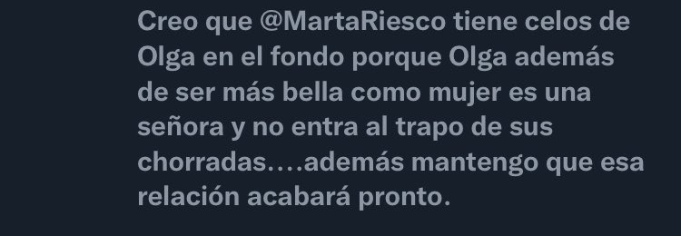 Da asco este tipo de comentarios , haciendo comparaciones. A partir de hoy tanto las que criticáis a Olga como a <a href="/MartaRiesco/">MartaRS</a> os bloqueo directamente, como personas dejáis mucho que desear. Miraros vosotr@s primero! Y dejar vivir a la gente en paz. PESAD@S!