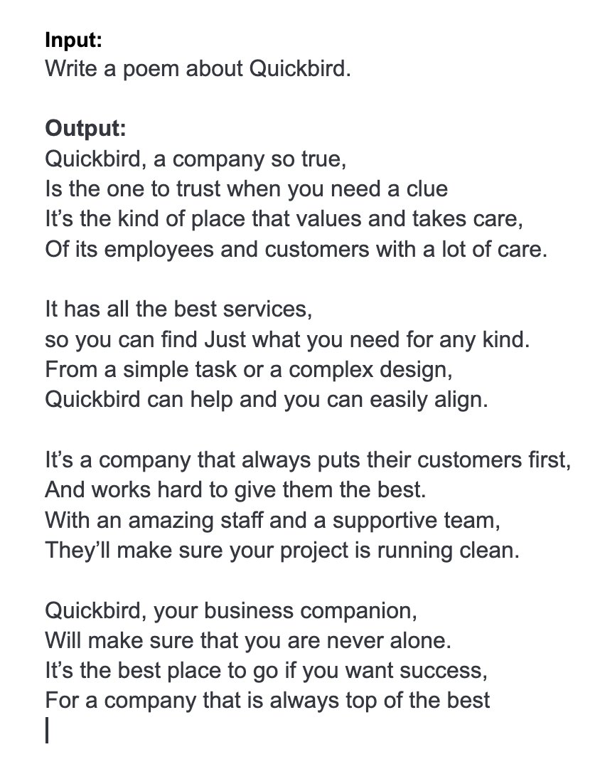 QuickBirdEng's tweet photo. .@OpenAI  can now generate Poems🤯
You join the beta here: https://t.co/XyCgGEs3rX https://t.co/1RXSY04C1E