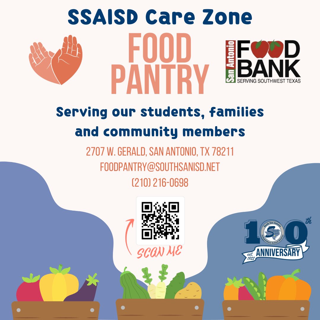 The South San Antonio ISD Care Zone offers a Food Pantry that is open to our SSAISD community!

To learn how to receive help from this and other services, scan the QR code to access the Community Assistance Form! You can also contact them directly using the info on the graphic.