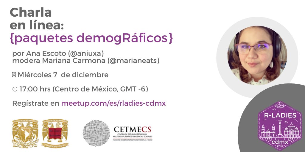 Para cerrar el año hemos preparado una breve charlita
Acompañen a  <a href="/aniuxa/">Ana Escoto</a> y <a href="/marianeats/">Mariana Carmona</a> 
📦 {paquetes demogRáficos}

📅 Miércoles 7  de diciembre

⌚ 17:00 hrs (Centro de México, GMT -6)

Regístrate en meetup.com/es/rladies-cdmx
