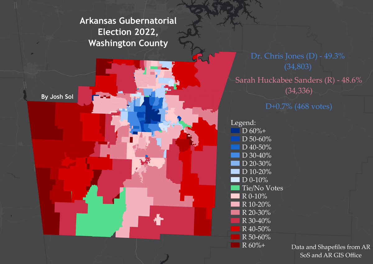 JoshfromAR's tweet photo. Despite heavy statewide losses, Washington county contained some of the strongest Democratic performances seen. It was the only Trump➡️Jones County in the state and @JonesForAR won by slicing into margins in Tontitown, Elm Springs, Springdale, Farmington, and parts of west Fay. https://t.co/Wr9HgZGdGB