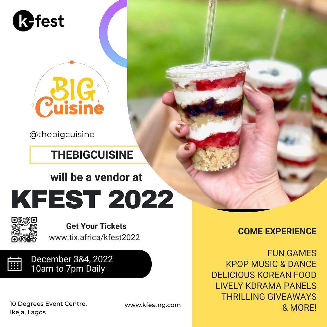 Kfestng's tweet photo. @thebigcuisine will be live at #KFEST2022📣📣

Come and enjoy crispy Korean fried chicken, yummy cake parfaits and lots more from @thebigcuisine at #KFEST2022✨

Let’s go #KFEST🔥🤩🚀 https://t.co/fYOjftEWlj