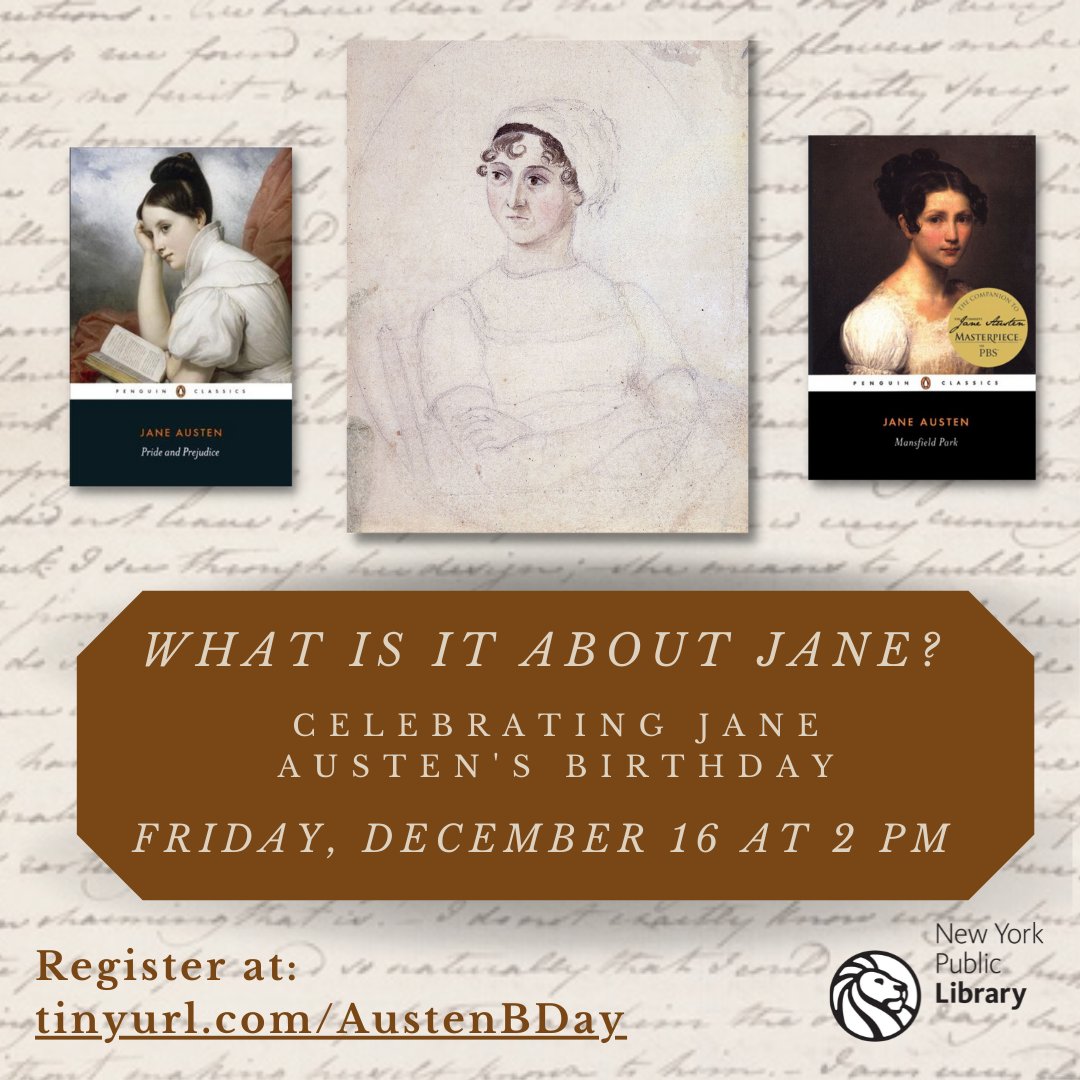 Persuasion_JA's tweet photo. Still figuring out your plans for Jane Austen's birthday? Please join us for a free online event through the @nypl at 2:00 PM Eastern on Friday, December 16. What is it about Jane, anyway? Registration here: https://t.co/BtHarOzWmN https://t.co/HuTXaBmNUr