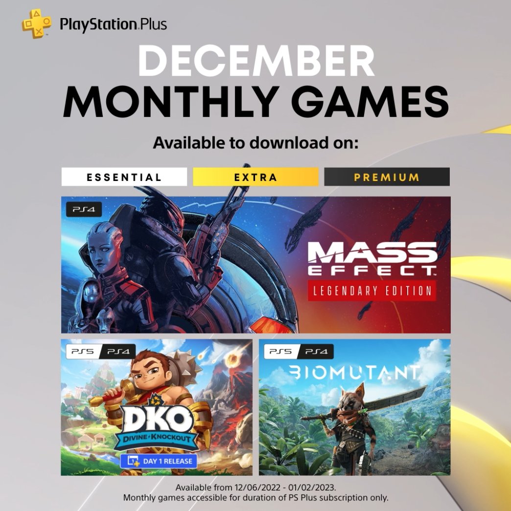 on Twitter: "Your PlayStation Plus Monthly Games for December: 💥 Divine Knockout: Founder's Edition 🪐 Mass Effect Legendary Edition 😼 Biomutant All available on December 6. More details: https://t.co/e0LcYFc73V https://t.co/FrL42MYS1s" /