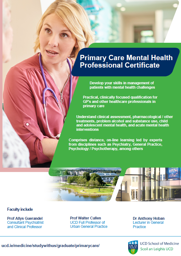 UCDcems's tweet photo. UCD's part-time Primary Care Mental Health
Professional Certificate programme is OPEN to applications for January 2023 entry.
Practical, clinically focused qualification for all healthcare professionals with an interest in mental health.
➡️Find out more https://t.co/gpm09nSE2R https://t.co/H3uznum6Sr
