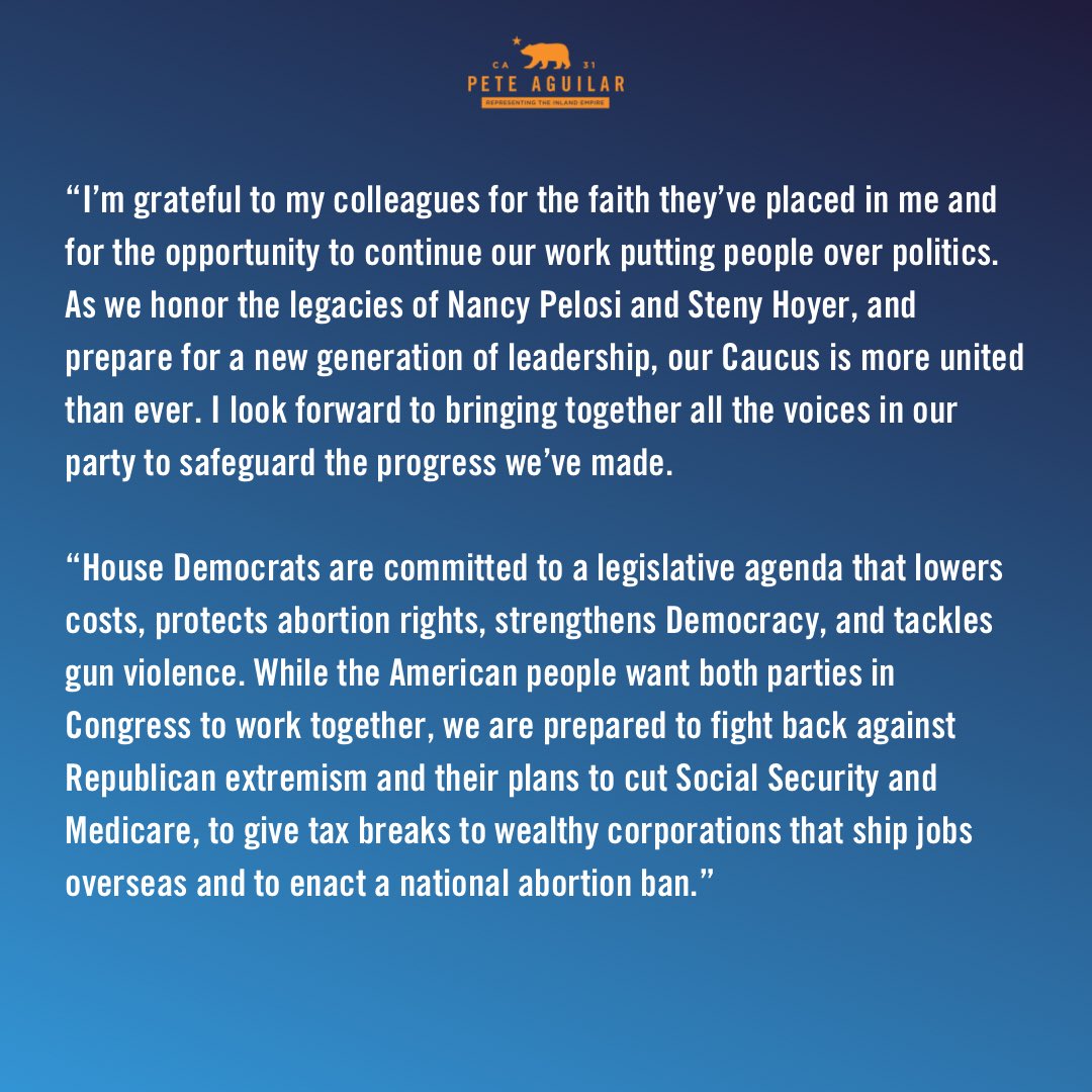 RepPeteAguilar's tweet photo. My statement on being elected Democratic Caucus Chair https://t.co/6gOJxUu02f