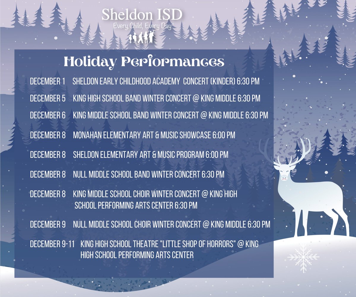 SheldonISD's tweet photo. Get into the holiday spirit with student  @SheldonISDArts performances. Holiday performances kick off tomorrow December 1. https://t.co/R5aVcx4qDV