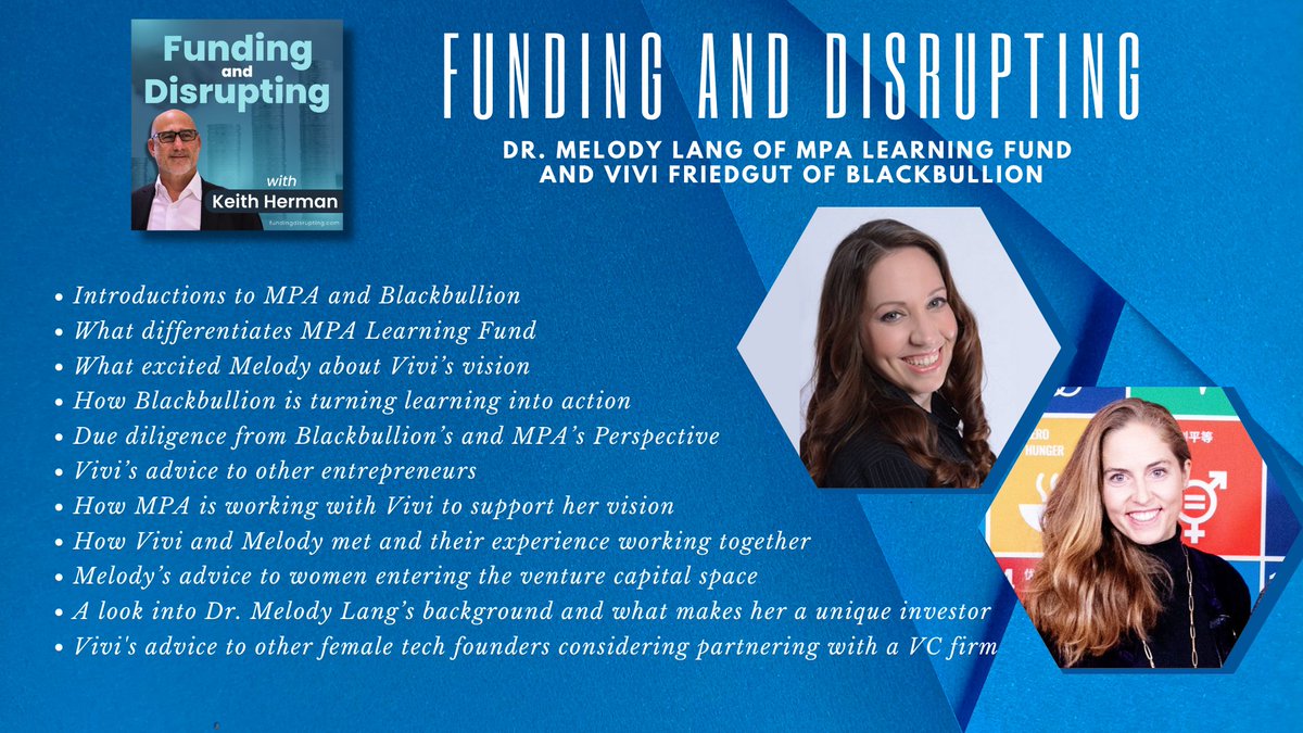 New episode out now!

We are proud to bring you our first interview with both a female VC Founder and Tech Company Founder, with <a href="/DrMelodyLang/">Melody Lang</a> of <a href="/MPAEducation/">MPA Education</a> &amp; <a href="/ViviFriedgut/">Viv ☕️</a> of <a href="/blackbullion/">Blackbullion</a>

lnkd.in/gsJZzJcK

#vcfunding #femalefounders  #podcast
#impactinvesting