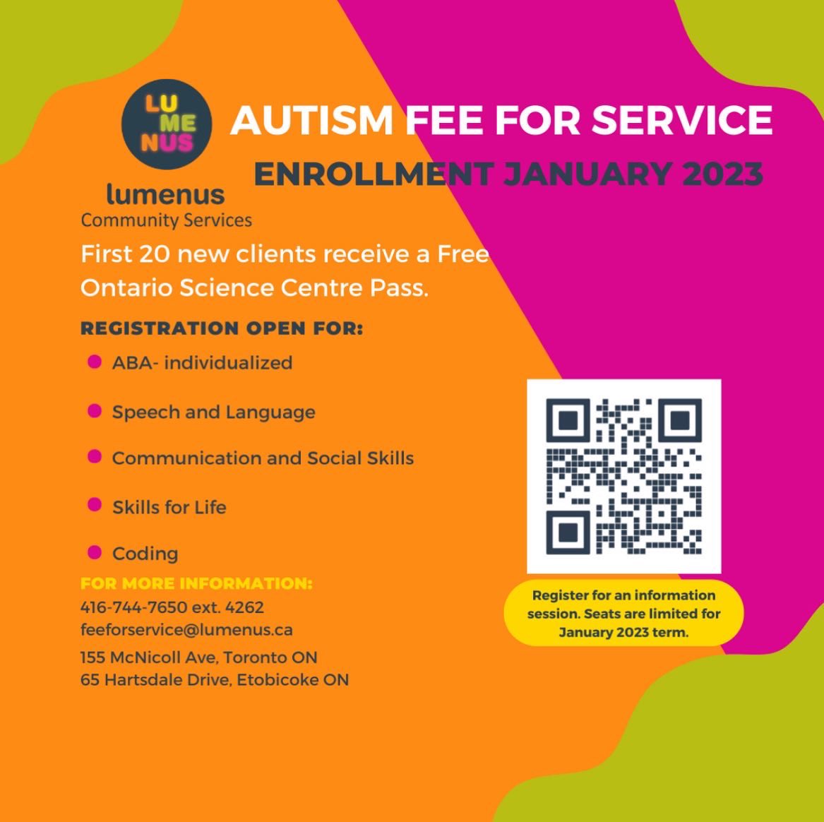 The first 20 new clients who enroll in our winter term will receive free Sky Zone and Ontario Science Centre passes! Register for an information session to learn more. #torontoautism #lumenusautism