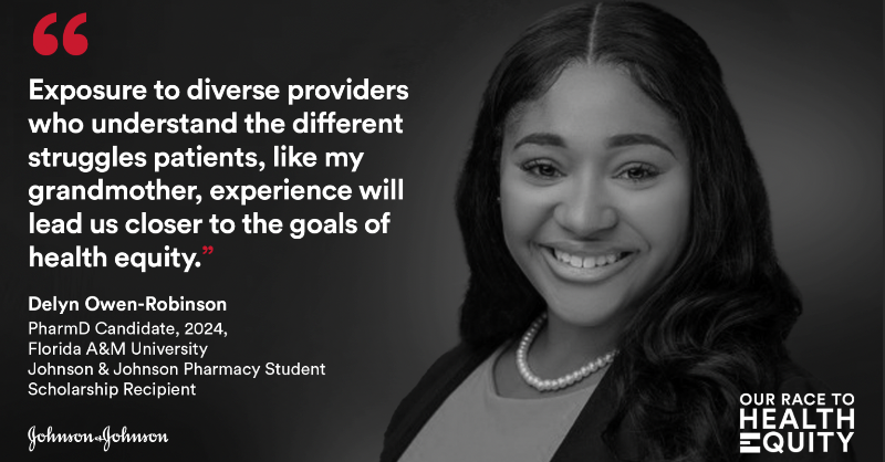 JNJNews's tweet photo. Every story matters in #OurRaceToHealthEquity. Delyn Owen-Robinson, who lost her grandmother to a medication error, shares how she hopes to help close the racial health gap by becoming a pharmacist - and how #JNJ pharmacy student scholarship is helping her dreams come true.
