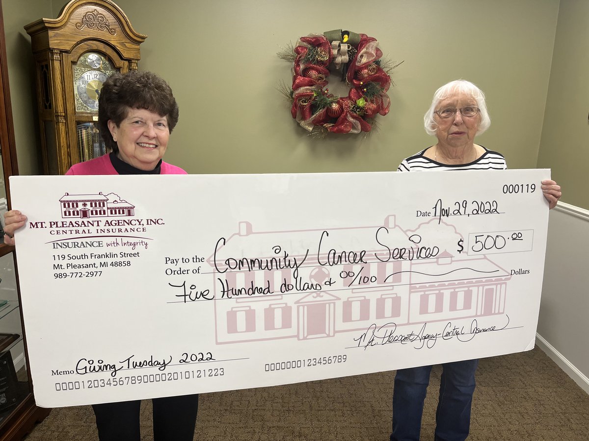 Vanda from Community Cancer Services of Isabella County stopped by our office this morning to pick up the check for #MPAGivingTuesday. 
<a href="/frankenmuthins/">Frankenmuth Insurance</a> 
To see all of the 2022 recipients, visit mtpleasantagency.com/GivingTuesday