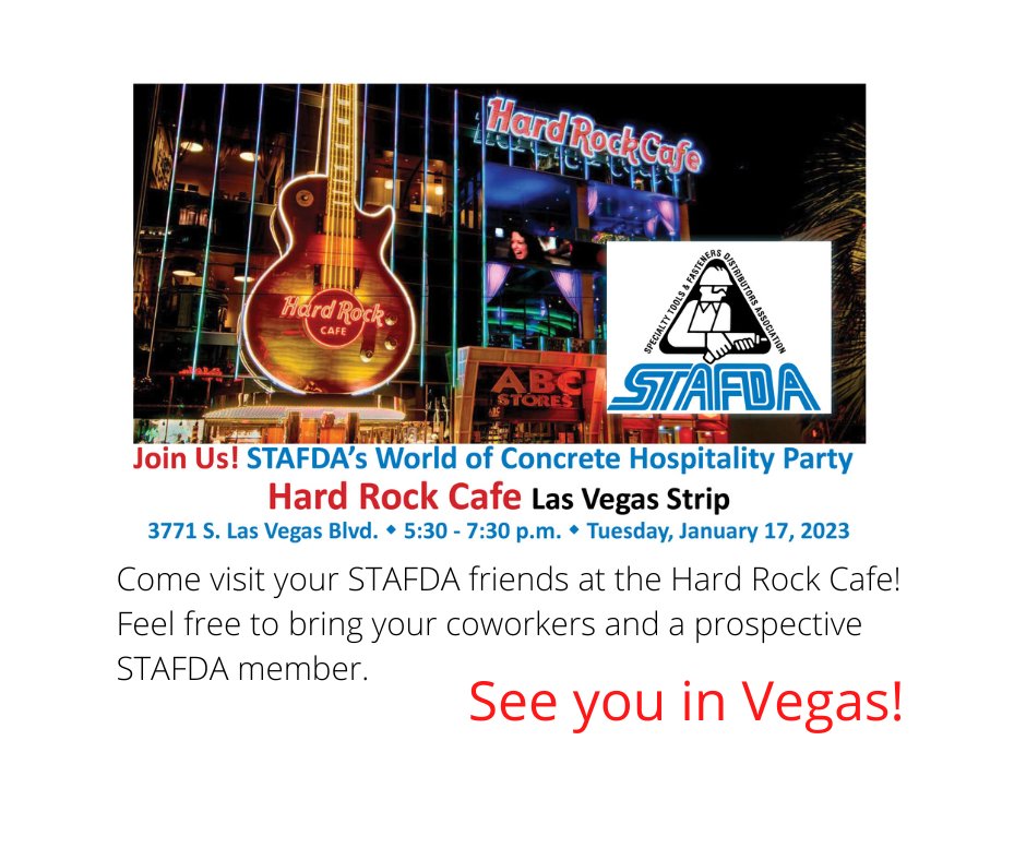 STAFDAHQ's tweet photo. Save the date for STAFDA's World of Concrete reception - Tuesday, January 17, 5:30-7:30 p.m. Join us a the Hard Rock Cafe in Vegas! #STAFDAHQ https://t.co/yjvyr52JTn
