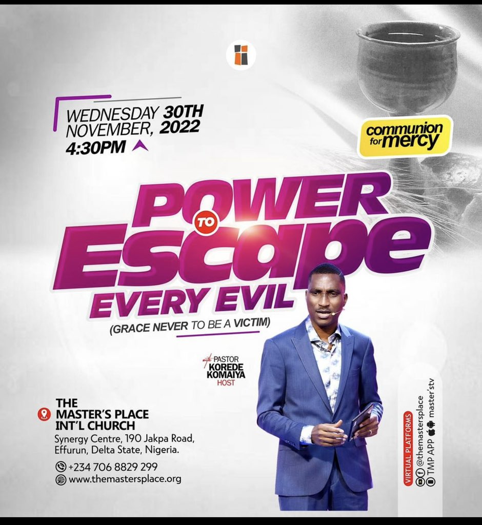mastersplace's tweet photo. It's your redemption Right to Be A Victor and Not a Victim.
Gain mercy as You partake of this Communion to escape Evil.
Join masters tV 📺 live
https://t.co/7FSrfK7dxp
Experience grace to never be a victim.
#Tmp #Koredekomaiya #Project1344 https://t.co/Hw62xnHsXY