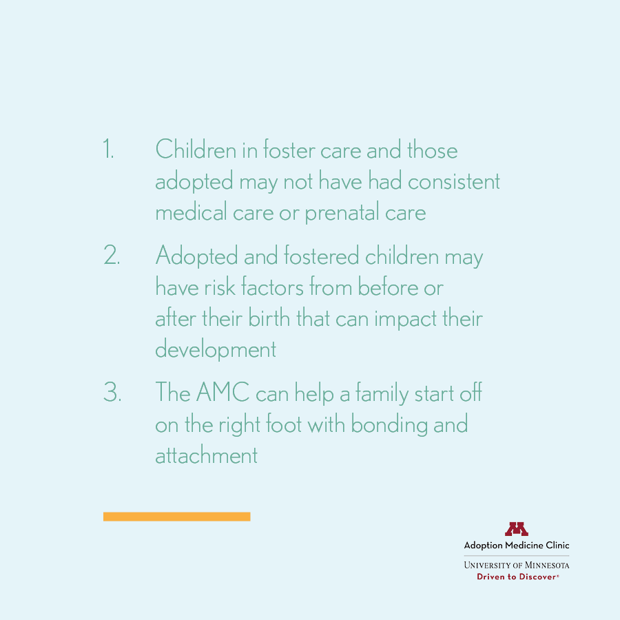 AMCUofMN's tweet photo. All adopted and fostered children can benefit from seeing our multidisciplinary team in clinic. Learn how the AMC can support physical, mental &amp; developmental health of children at https://t.co/qz8agEL4LB https://t.co/LI2zlykEje