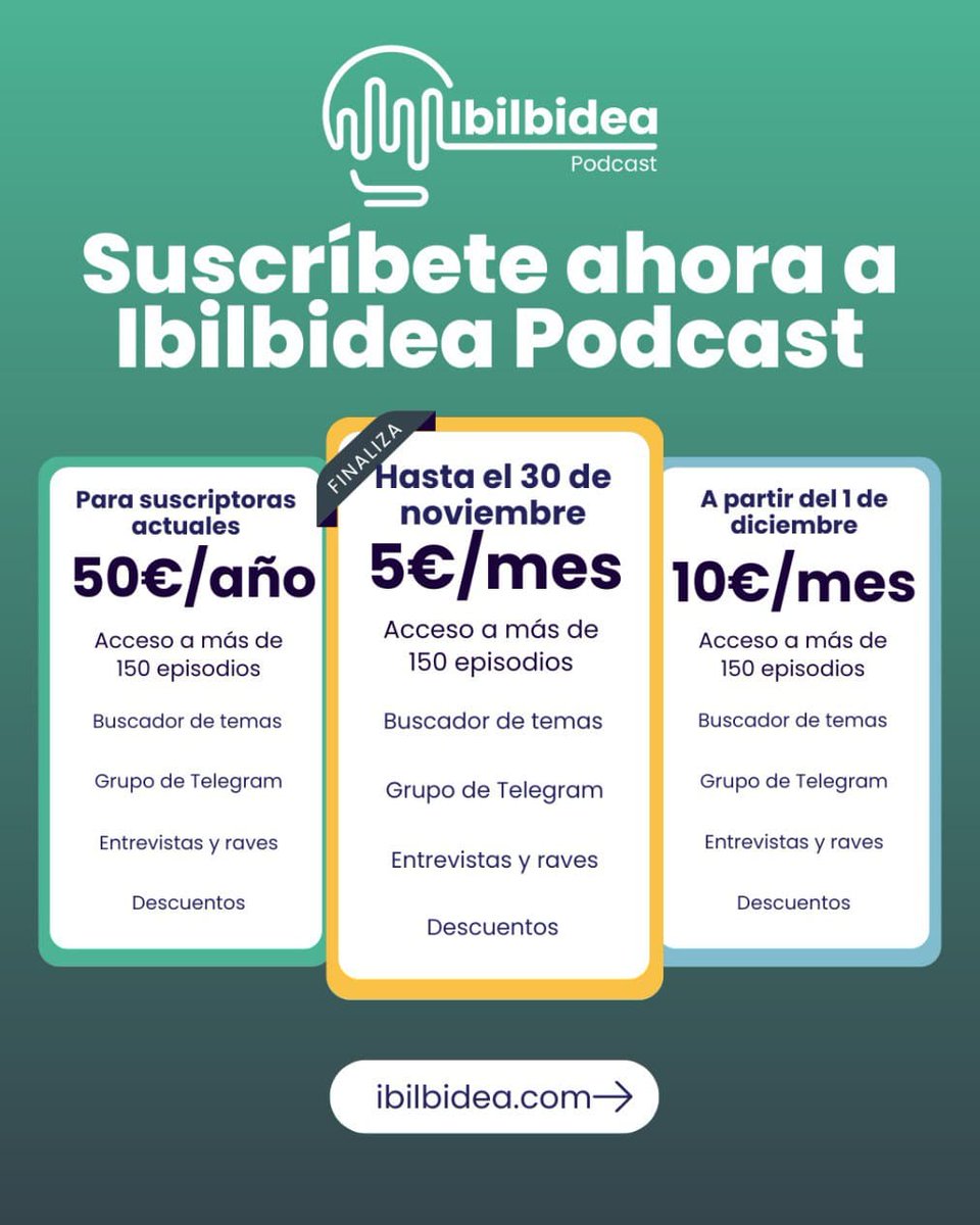 ibilbidea_'s tweet photo. ¡Último día para inscribirte por 5€/mes! 

Mañana el precio de la membresía a nuestro podcast premium y comunidad se multiplica X2.

¡Nos vemos en https://t.co/VKL7bDjAaP! 🤗 https://t.co/bz4dqAvkgX