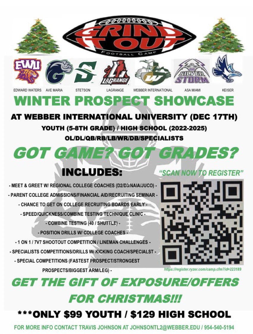 🏈3 WEEKS UNTIL PROSPECT CAMP SEASON BEGINS
🏈ARE U READY?
🏈5-12th Grade
🏈Upcoming Webber Winter Prospect Camp:
12/17 At Webber International University 
🔥Register Now🔥
***Use Promo Code (HOLIDAY20) for $20 OFF