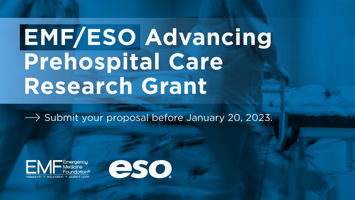 ESO (@eso_solutions) on Twitter photo 🔊Calling all EMS researchers! 
Don't miss your opportunity to apply for the <a href="/TheEMFoundation/">Emergency Medicine Foundation</a> /<a href="/ESO_Solutions/">ESO</a> Advancing Prehospital Care Research Grant of $10,000! Click here for details bit.ly/3fxC2wU.
#grantopportunity #EMSresearch #patientcare #advancingresearch 🔊Calling all EMS researchers! 
Don't miss your opportunity to apply for the <a href="/TheEMFoundation/">Emergency Medicine Foundation</a> /<a href="/ESO_Solutions/">ESO</a> Advancing Prehospital Care Research Grant of $10,000! Click here for details bit.ly/3fxC2wU.
#grantopportunity #EMSresearch #patientcare #advancingresearch