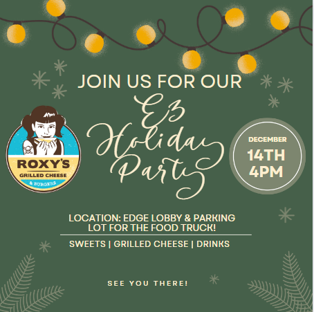 e3apts's tweet photo. SAVE THE DATE! December 14th we will be having our Holiday Party! Come celebrate with us in the Edge lobby with sweets, drinks, and grilled cheese! Roxy's Grilled Cheese food truck will be in the Edge Parking lot from 4 PM-6 PM. Looking forward to seeing you all there! https://t.co/vyIOFB9VZu