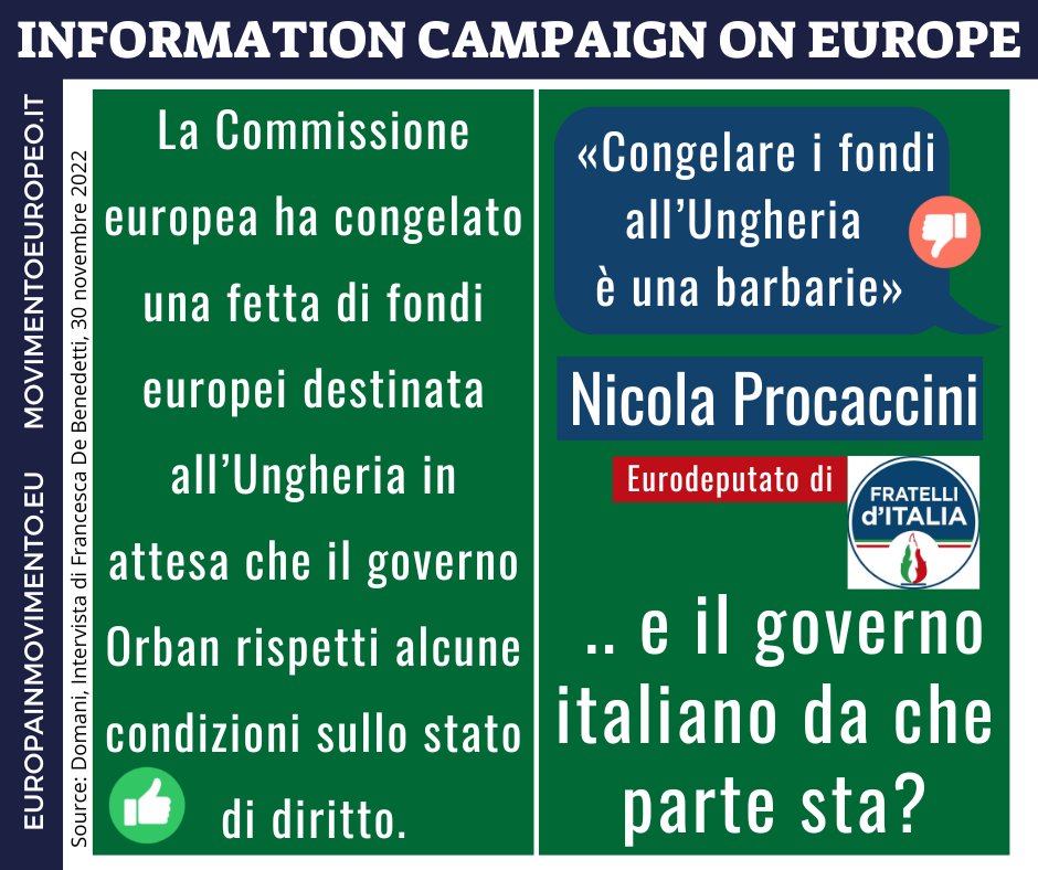 'Congelare i fondi all'Ungheria è una barbarie' dice Nicola Procaccini di Fratelli d'Italia ... e il governo italiano da che parte sta: con @ViktorOrban_gov o con la @EU_Commission ? (Fonte: da una intervista di @FrancesDiBi per @DomaniGiornale )