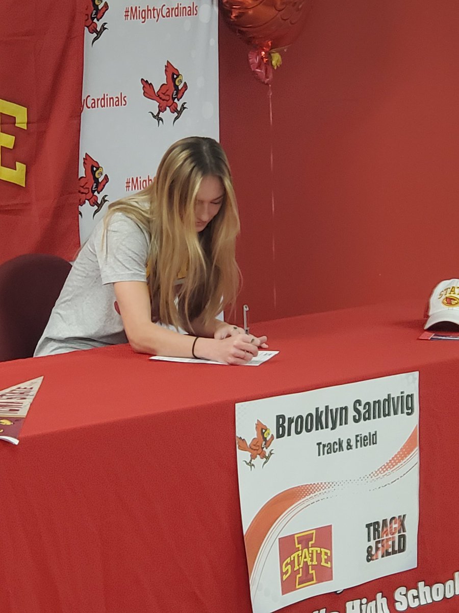 Congrats to Brooklyn Sandvig on signing her LoI today to run track at Iowa State! The Cyclones are getting a good one!!! #MightyCardinals