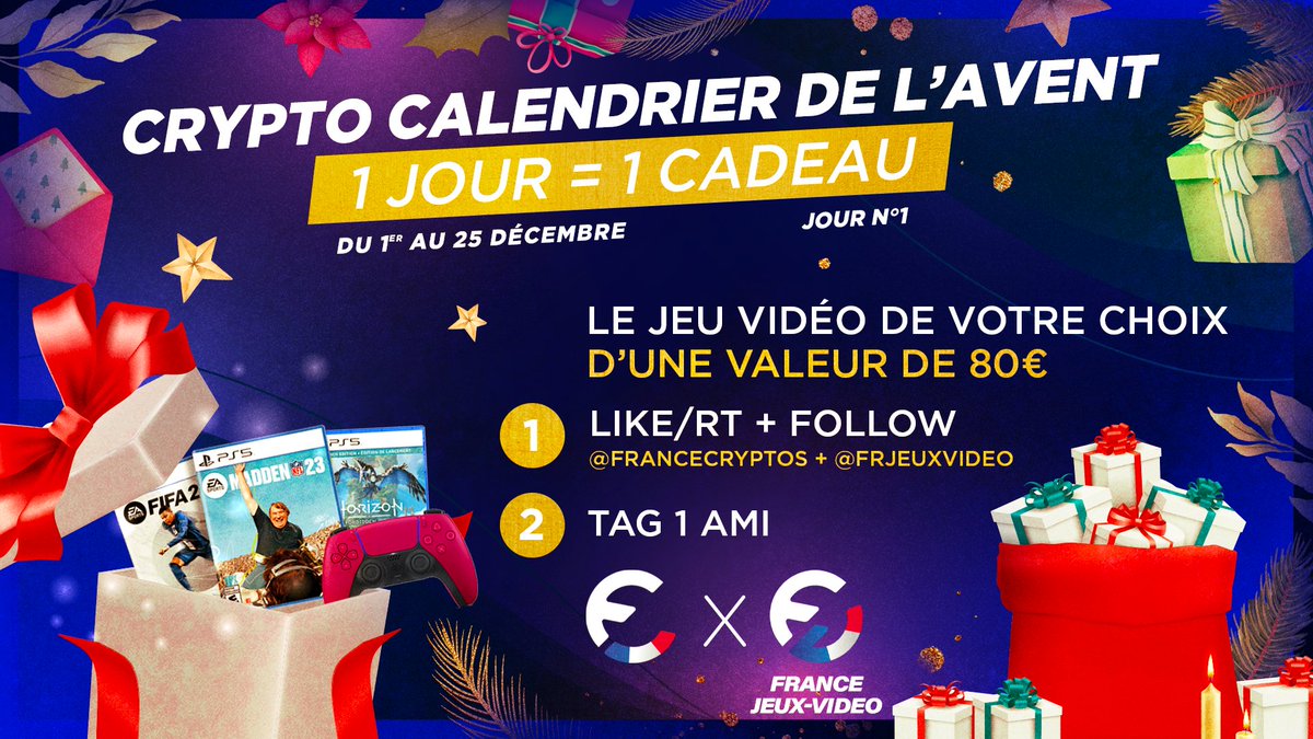 #CRYPTOCALENDRIER 🎄 01/25

Aujourd'hui gagnez le jeu vidéo de votre choix grâce à <a href="/FRJeuxVideo/">France Jeux Vidéo 🎮</a> ! 🎮

Pour participer :

👉 Follow <a href="/FranceCryptos/">France Cryptos 🔗</a> &amp; <a href="/FRJeuxVideo/">France Jeux Vidéo 🎮</a>
👉 Likez &amp; Retweetez
👉 @ un ami ! 

⏳ TAS le 26/12 !

Bonne chance à tous ! 🍀 #Concours 🎁 #Noël