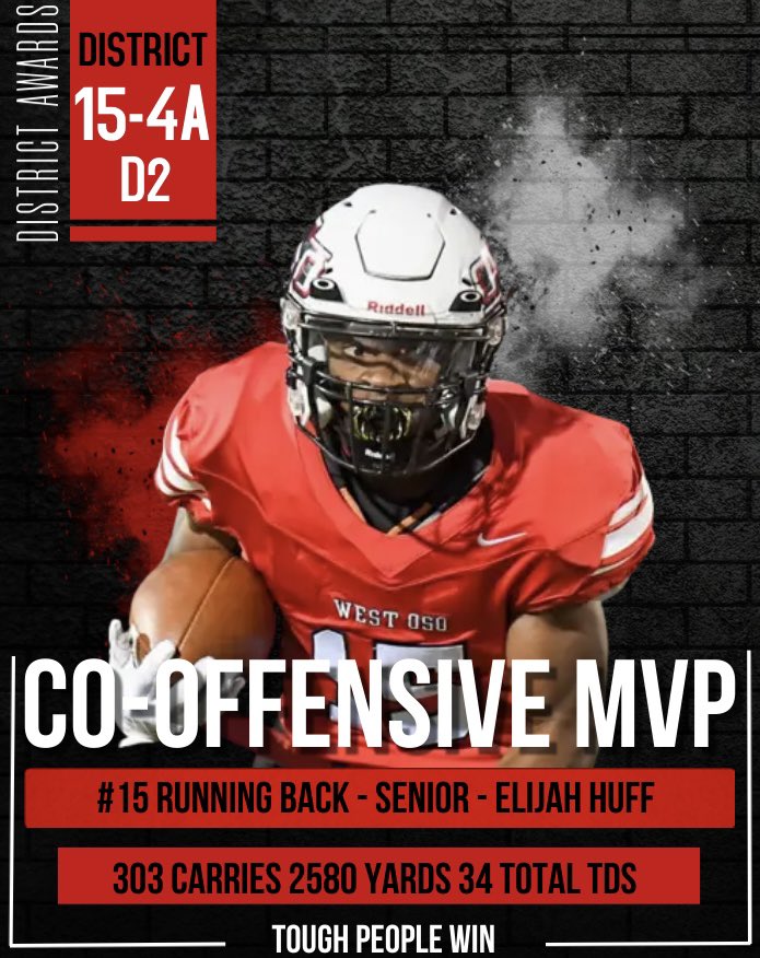 Brad Smithey (@coachbsmithey) on Twitter photo Congratulations to <a href="/ElijahHuff10/">elijah Hufff</a> on earning Co-Offensive MVP honors for District 15-4a II!! #OsoProud Congratulations to <a href="/ElijahHuff10/">elijah Hufff</a> on earning Co-Offensive MVP honors for District 15-4a II!! #OsoProud
