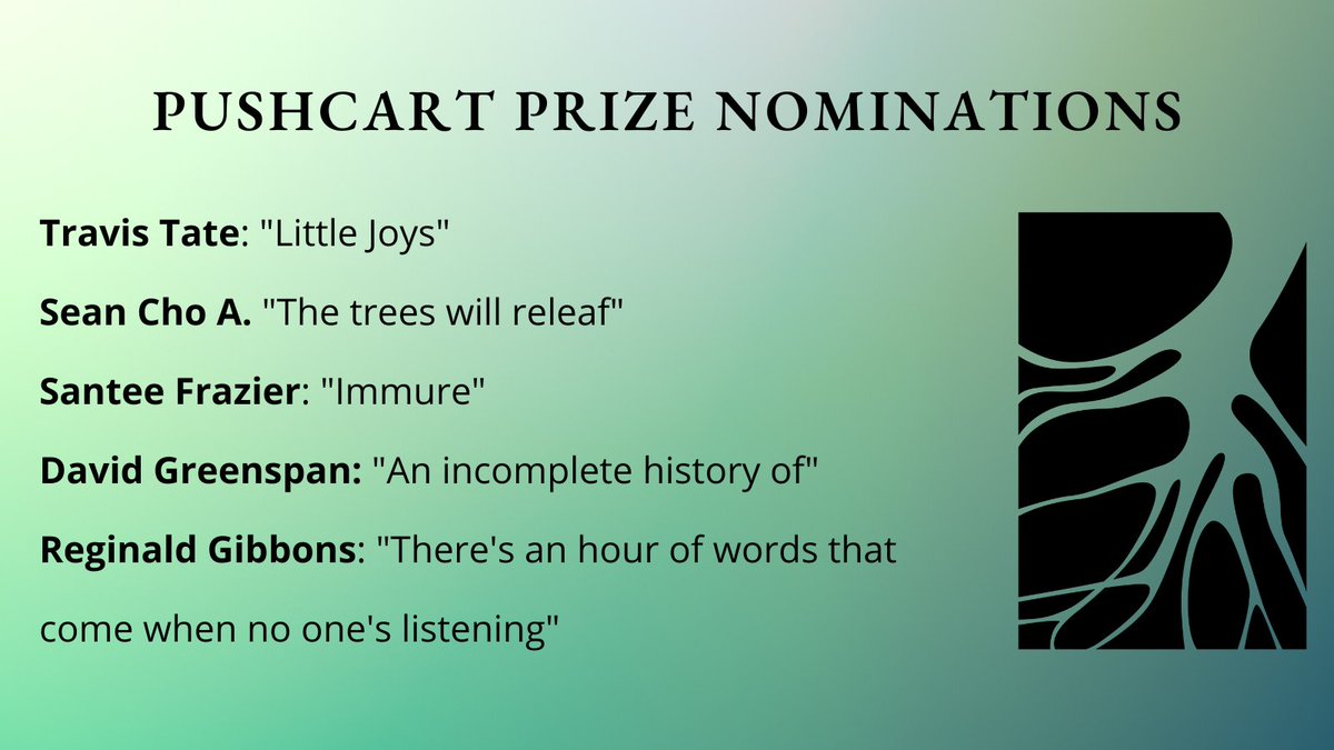 Paperbark (@paperbarkmag) on Twitter photo Announcing our Pushcart Prize nominations! Thank you to everyone who has shared their work with us this past year—we're thrilled to nominate these writers 🌱
<a href="/phlat_soda/">Sean Cho A.</a> <a href="/arealtravistea/">travis tate</a> @poemthink Announcing our Pushcart Prize nominations! Thank you to everyone who has shared their work with us this past year—we're thrilled to nominate these writers 🌱
<a href="/phlat_soda/">Sean Cho A.</a> <a href="/arealtravistea/">travis tate</a> @poemthink
