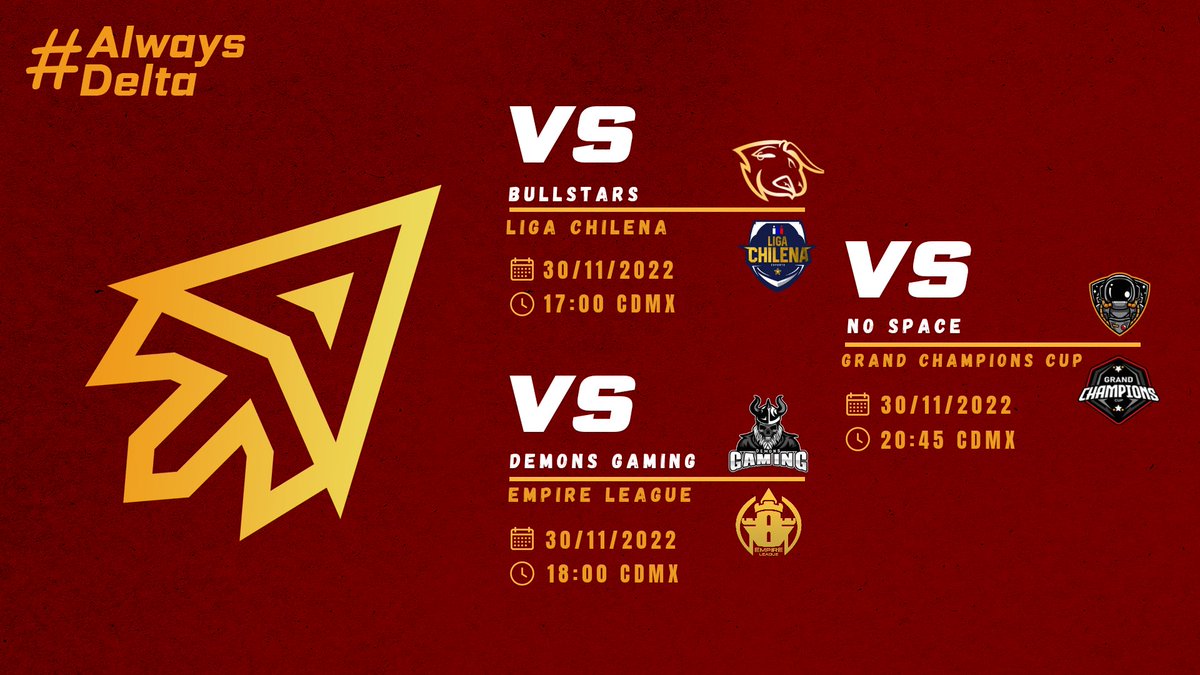 #TDCR • HOY JUGAMOS ∆ •

🏆 | <a href="/eGamersGG/">eGamers 🇨🇱</a> [J4]
🆚 | <a href="/BullStars_/">𝗕𝘂𝗹𝗹𝗦𝘁𝗮𝗿𝘀™</a>
⏰ | 20:00 🇨🇱

🏆 | <a href="/EmpireLeagueCR/">EmpireLeague™</a> [J3]
🆚 | <a href="/Demons_GamingGG/">Demons Gaming</a>
⏰ | 21:00 🇨🇱

🏆 | <a href="/GrandChampsCR/">GrandChampionsCup™</a> [J2]
🆚 | <a href="/NospaceGame/">No Space</a>
⏰ | 23:45 🇨🇱
🎙 | <a href="/DxJoseGaming/">Mr DX Jose</a>

#GoDelta #AlwaysDelta #Esportsgaming  #twitchenlinea
