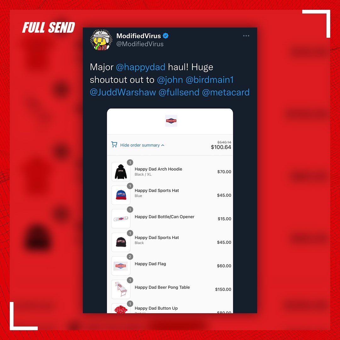 fullsendAF's tweet photo. MetaCard Holders received @happydad merch gift cards totaling over $250,000! 

If you haven’t already make sure to join our MetaCard Twitter Community: https://t.co/sSXf9l0iHj https://t.co/Negab1tBne