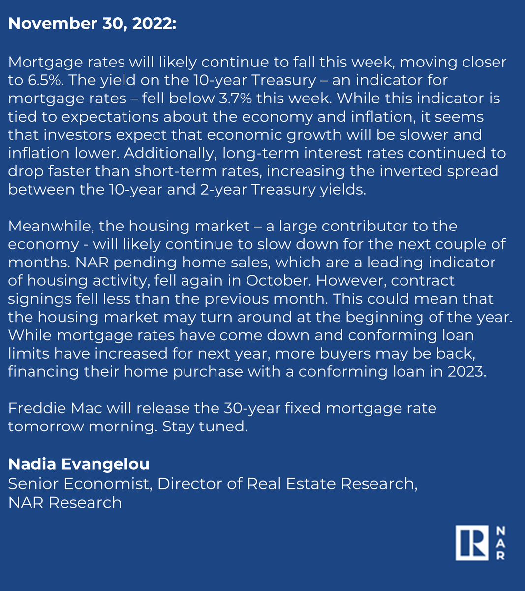 NAR_Research's tweet photo. "Mortgage rates will likely continue to fall this week, moving closer to 6.5%. Stay tuned." https://t.co/KW423tqnoT