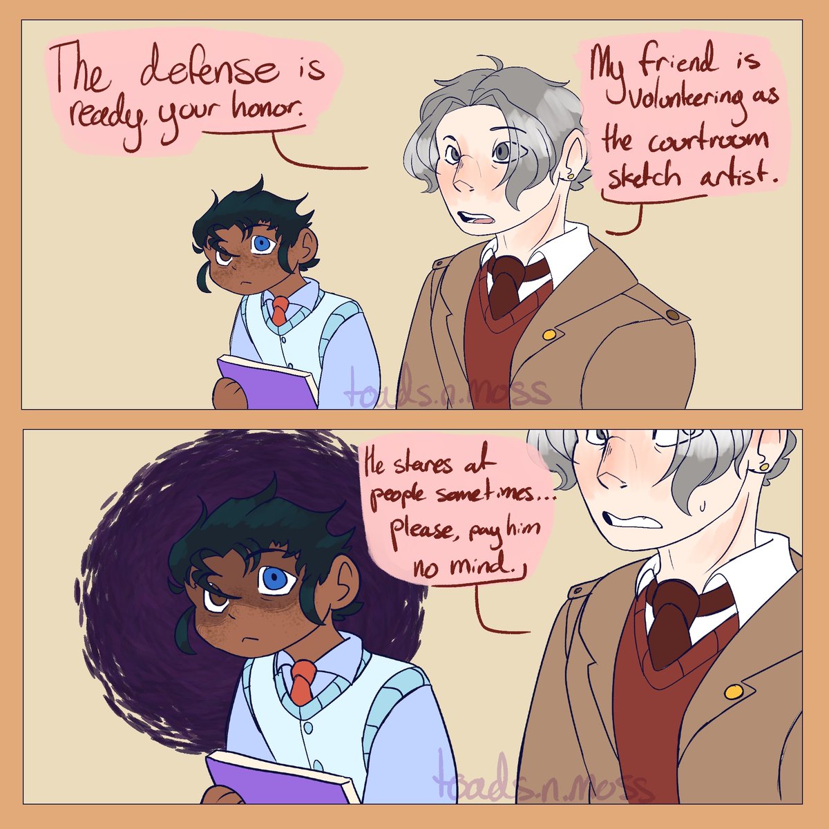 [no dl-6 au]

OH GOD I FORGOT TO POST THIS HERE-

my favorite part of this au has been writing phoenix as miles' weirdgirl assistant. 
prolonged eye contact phoenix and no eye contact miles, love them

#aceattorney #narumitsu #digitalart