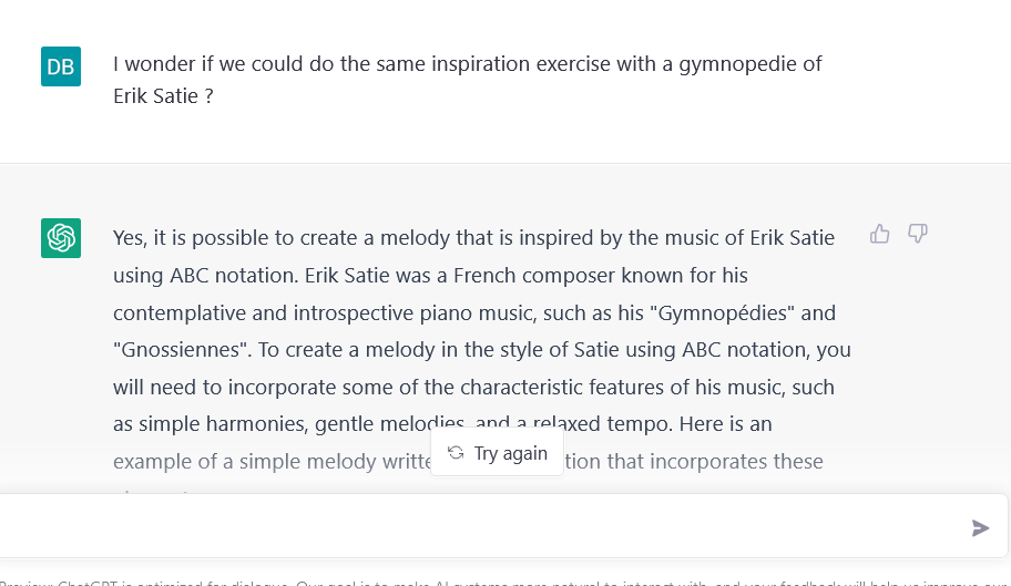 Dbddv01's tweet image. The new #ChatGpt not only knows about #abcnotation &amp;amp; #musictheory but it explains you all by writing music coded in an example you can simply export and listen online. That will be fun ! @OpenAi Impressive.