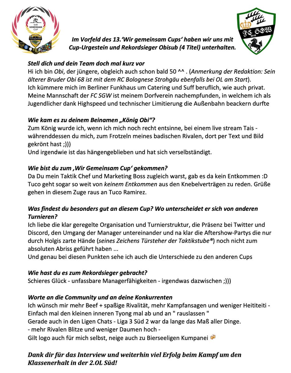 🤝👑#WGCS24 - Interview mit Rekordsieger <a href="/Obisub1/">Obisub Fc SGW</a> 👑🤝 Im Vorfeld des 13. Wir gemeinsam Cups haben wir uns etwas mit dem König unterhalten und ihm neben ein paar Infos zu seinem Team, der Krönungszeremonie und seiner Meinung zum Cup, auch eine Kampfansage ⚡️ entlocken können.