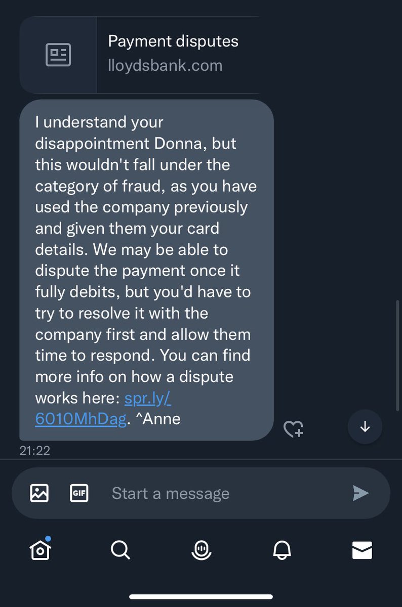 dnb81's tweet photo. Response from @LloydsBank  over a disputed card payment that has been taken tonight from my account @MartinSLewis @fsa  word to the wise, don’t be giving companies your card details - apparently it’s ok for them to take money as and when they please according to Lloyd’s ! https://t.co/1ZMTLZWJBo