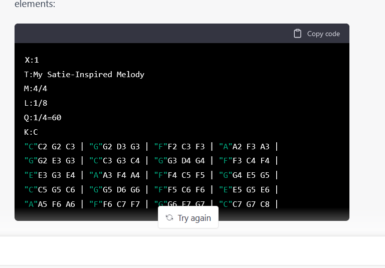 Dbddv01's tweet image. The new #ChatGpt not only knows about #abcnotation &amp;amp; #musictheory but it explains you all by writing music coded in an example you can simply export and listen online. That will be fun ! @OpenAi Impressive.