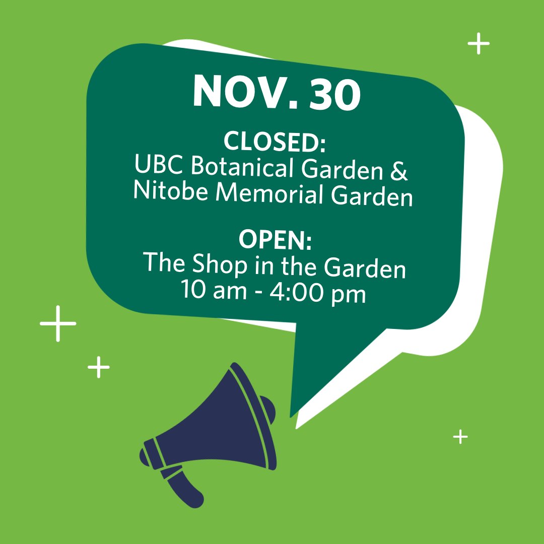 Nov 30: Due to restricted travel caused by the snow, The Shop in the Garden will close early today at 4 pm.  Visit our hours page for more info. ow.ly/L9xG50LRLQg #UBC