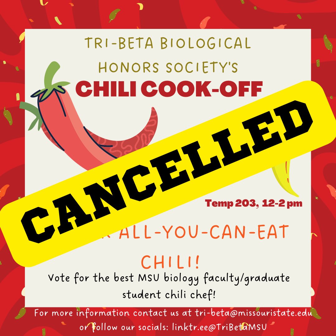 MSUtriBeta's tweet photo. We apologize but the Tri Beta chili cook off is cancelled! We will let you know when it’s rescheduled for next semester. Thank you for your understanding. https://t.co/OUJyjiWa1A