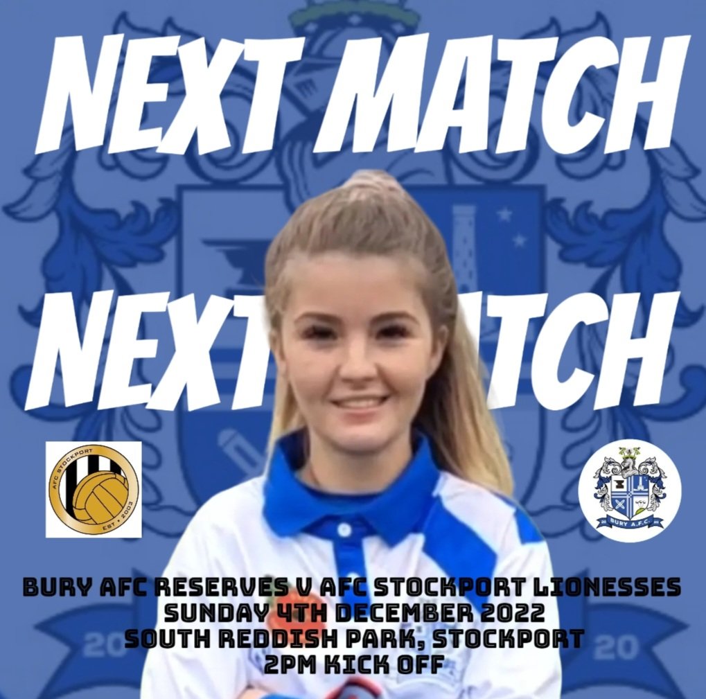 ⚪️🔵 NEXT MATCH ⚪️🔵

🆚 <a href="/afc/">Alex Clayton</a> Stockport lionesses

📆 Sunday 4th December

🕑 2pm 

📍South Reddish Park, Stockport

Come and support if you can!