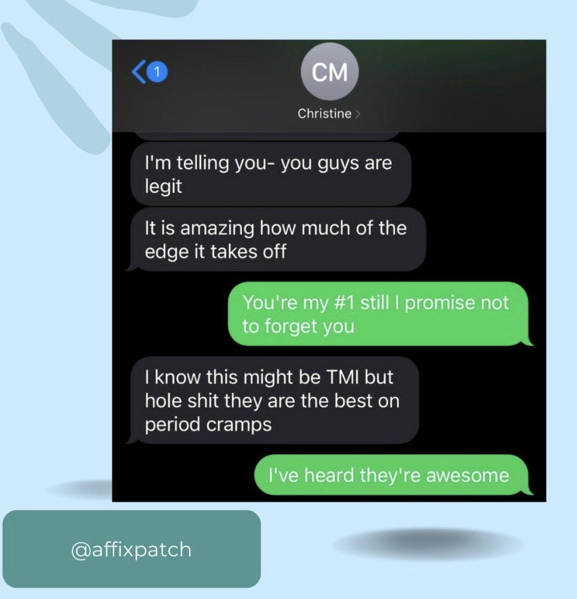 affixpatch's tweet image. Christine knows what's up! Sometimes our customers just tell it how it is 🤷‍♀️ #cbd #AffixPatch #CBDPatch #menstruation #Hemp