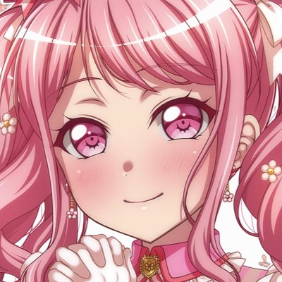 maruyama aya 1girl solo smile pink hair own hands together flower earrings pink eyes  illustration images