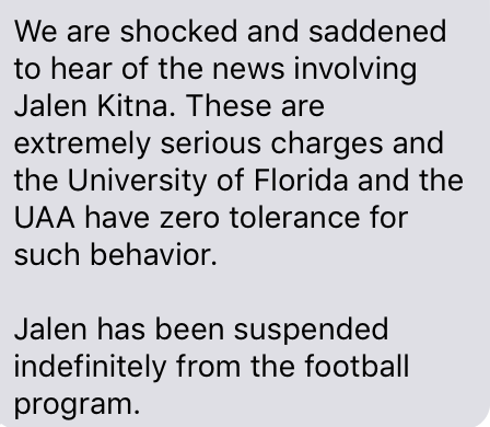 Florida QB Jalen Kitna has been suspended indefinitely 