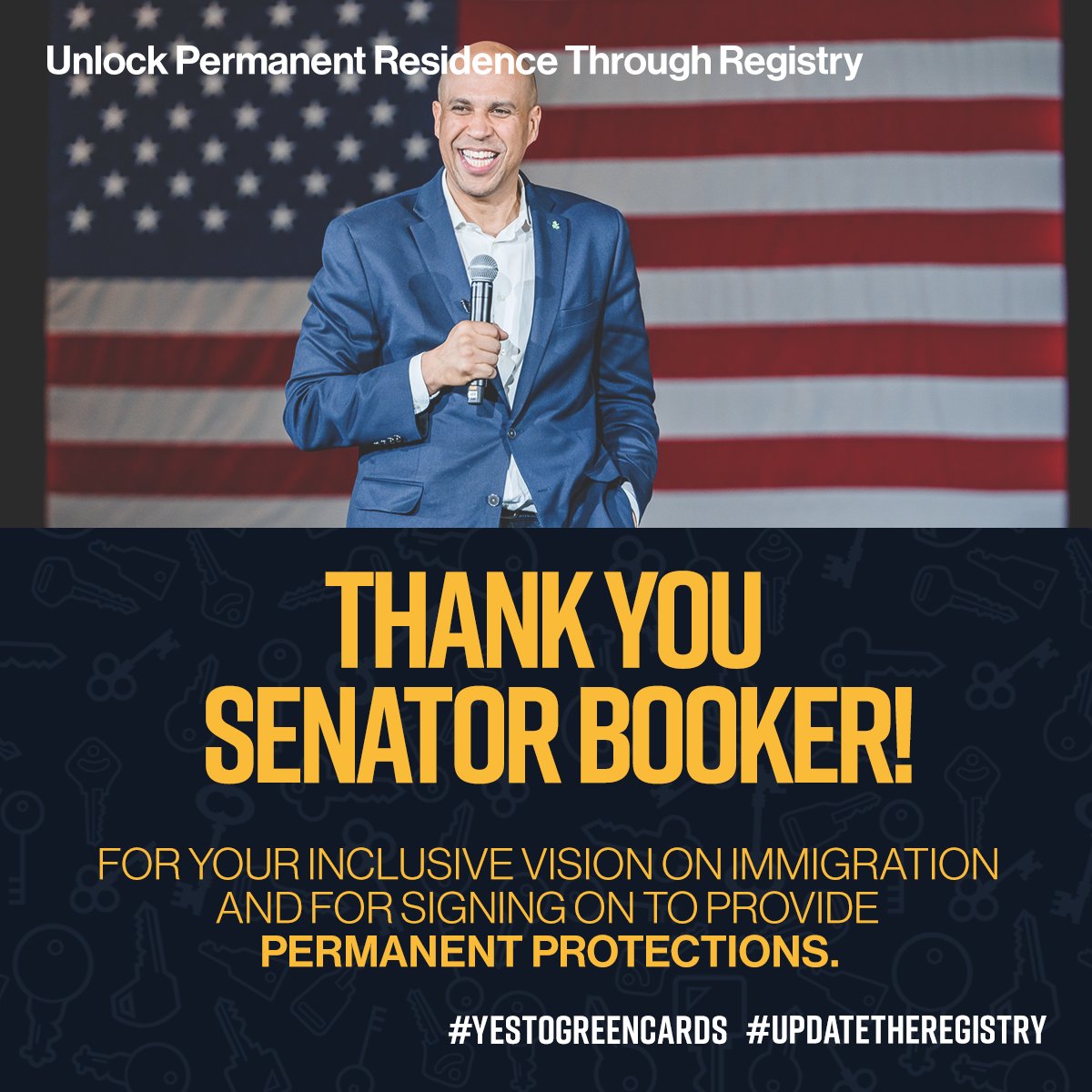 Thank you, <a href="/SenBooker/">Sen. Cory Booker</a>, for supporting permanent protections for all undocumented community members that have spent decades living &amp; contributing to this country. With support from leaders like you, we can make permanent protections a reality! #UpdatetheRegistry #UnlockResidency