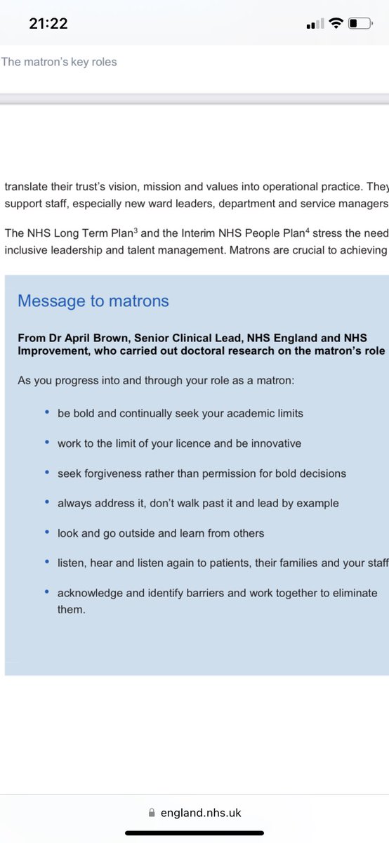 I just love this section of the #matronshandbook such powerful statements and a privileged role to be in we have the opportunity to have a huge influence on the patients, staff and services we provide #matron #quality #patientvoice #staffvoice #drivenbythosethatexperience