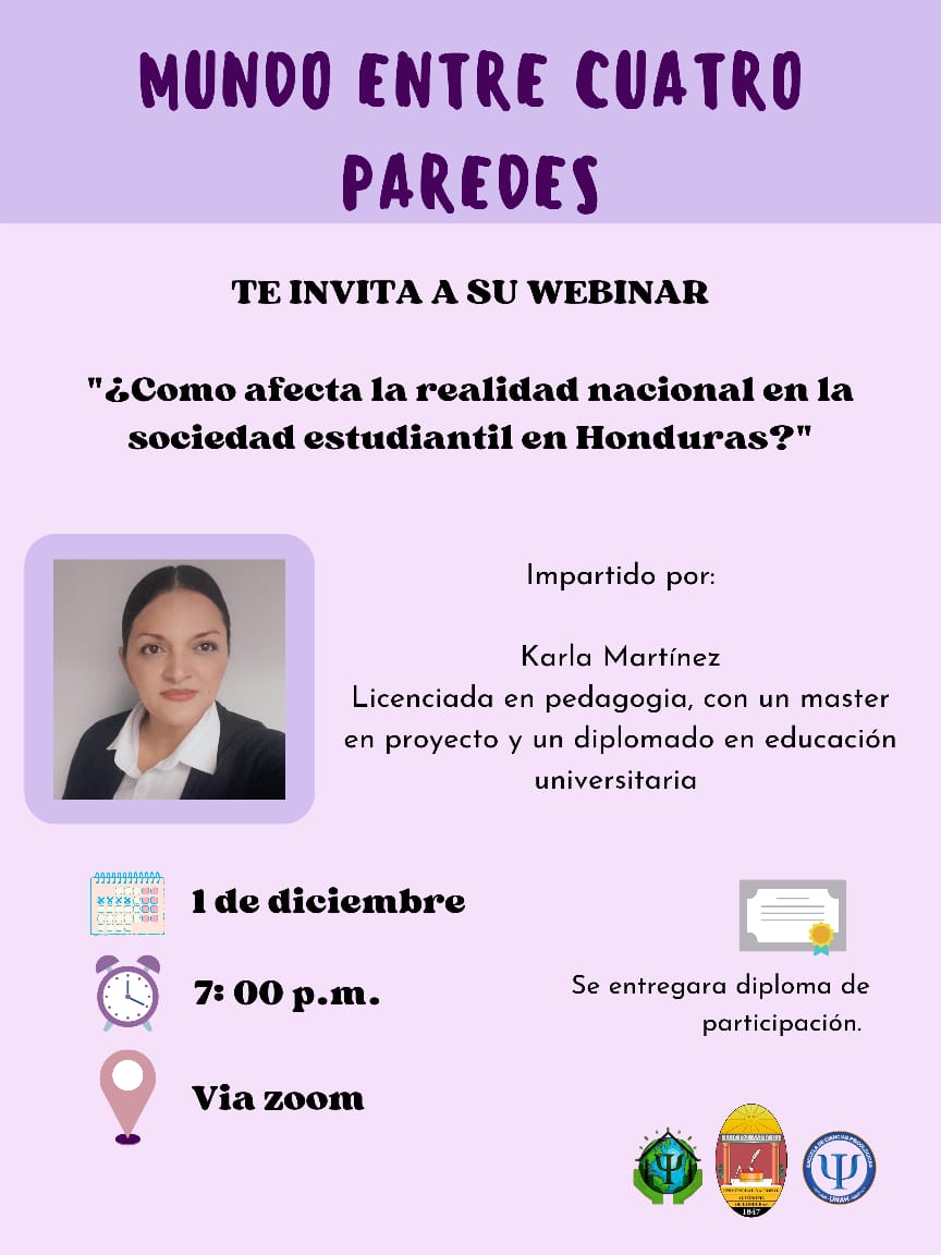 Mundo4Paredes's tweet photo. ¡Mundo entre cuatro paredes les invita a que sean parte de nuestro próximo webinar!
"¿Como afecta la realidad nacional en la sociedad estudiantil en Honduras?"
Impartido por: Karla Martínez 
Licenciada en pedagogía, con un máster en proyecto y un diplomado en educación. https://t.co/fJWF4q1HFs