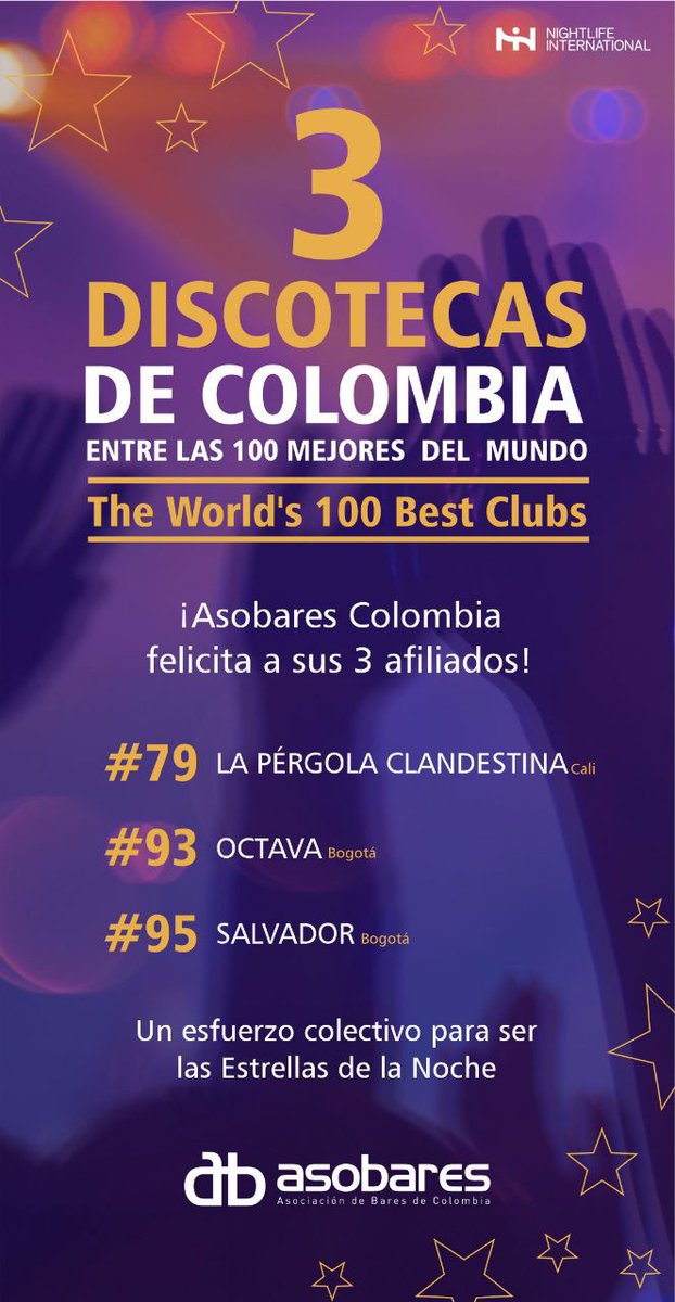 Bravoarthur's tweet photo. Felicitaciones a #lapergolaclandestina #octavaclub #salvadorbogota por su inclusión a la lista de los 100 mejores clubs del mundo, que hace @nightlifeinter. El entretenimiento nocturno es otro gran motor del #Turismo #YoVoy https://t.co/KuTORNZoxc