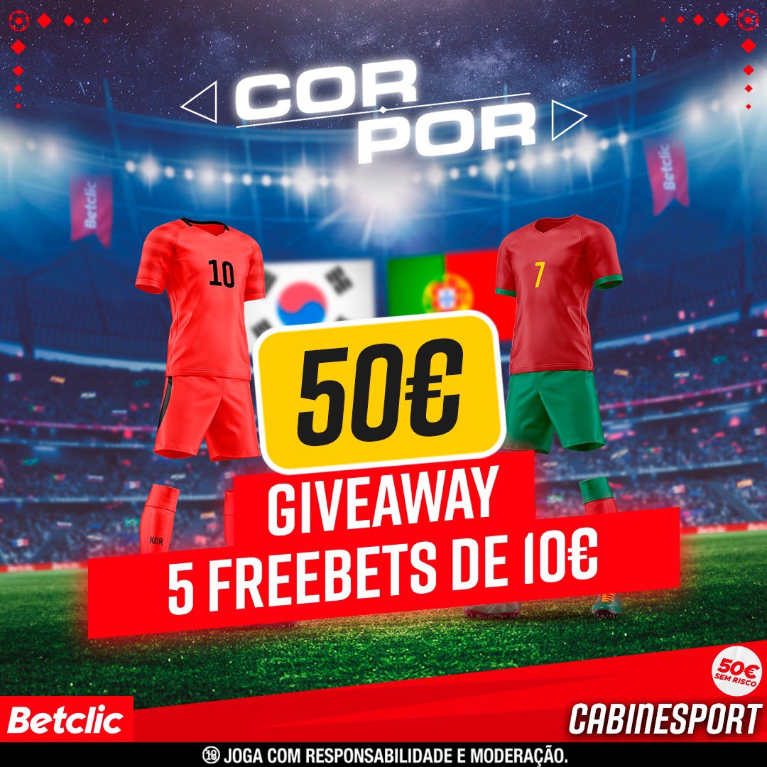 GIVEAWAY!!

Nós e a <a href="/BetclicPortugal/">Betclic Portugal 🔞</a> vamos sortear 50€ em freebets, onde 5 vencedores irão receber 10€, para poderem apostar no Coreia do Sul x Portugal.

O passatempo termina quinta-feira, às 23h, e as freebets serão creditadas no dia seguinte.

Requisitos nos comentários ⬇️