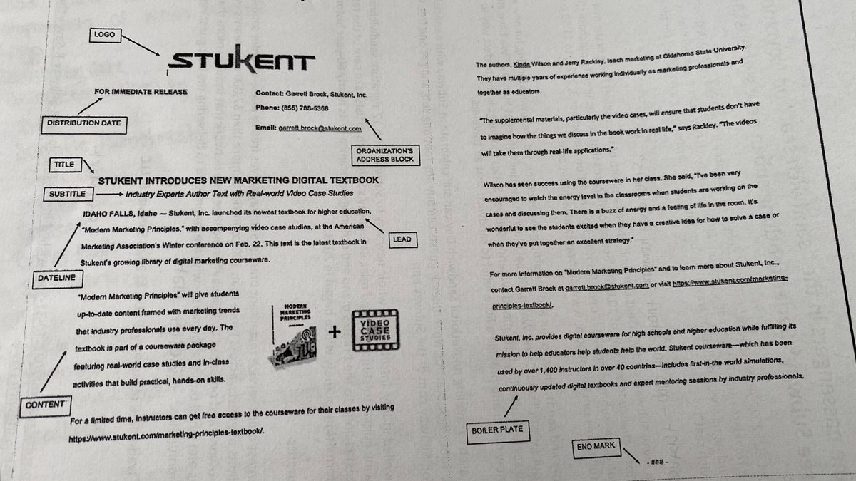 PRcisabelle's tweet photo. Press releases are used to communicate with media. The ten components of a press release include a logo, a distribution date, the organization’s address block, a title, a subtitle, a lead, the dateline, content, a boiler plate, and an end mark. #PRBynum0223F @TLPBynum https://t.co/tGQX0CkAN2